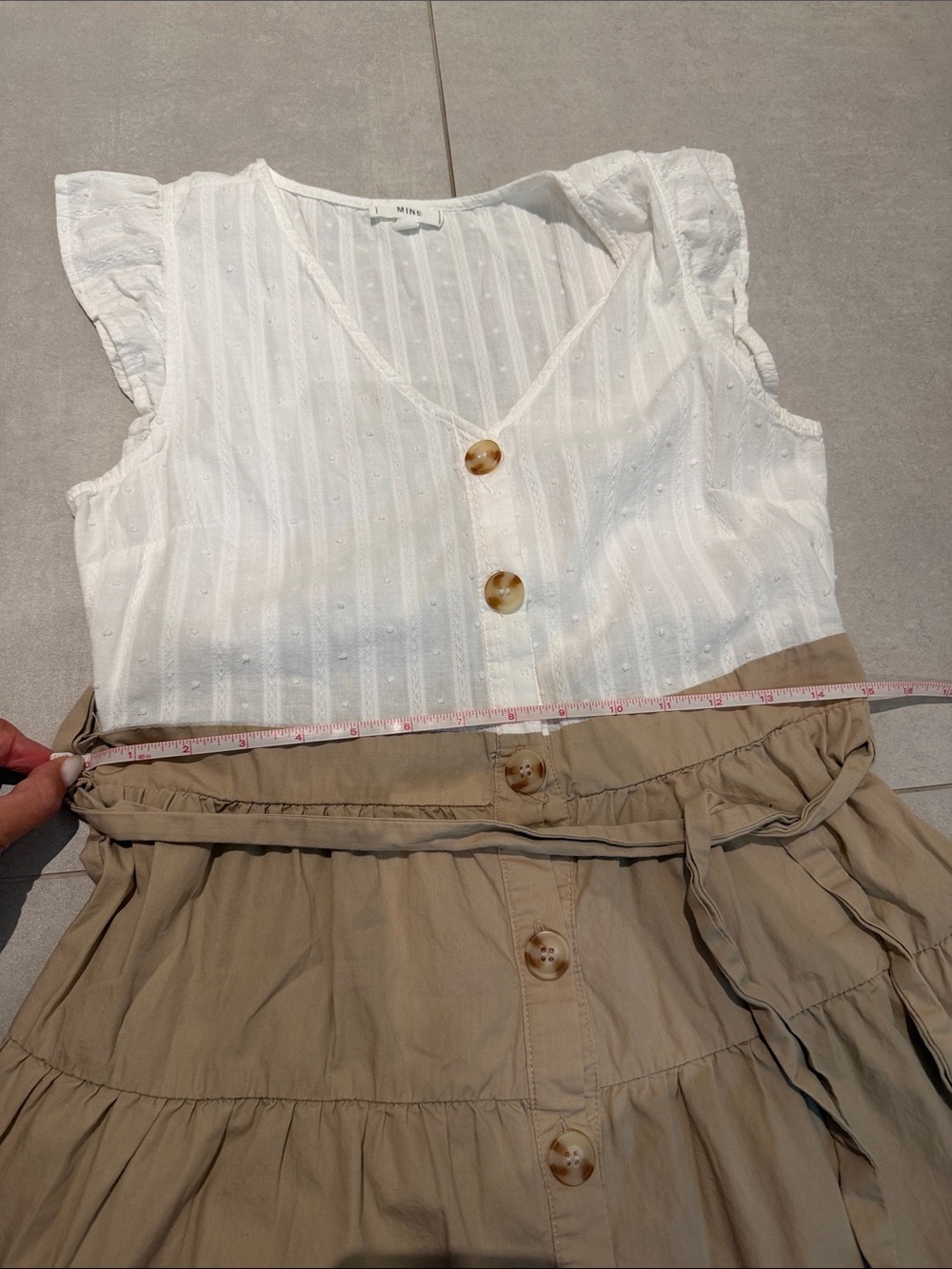 Women medium White & Tan Midi Button-Front Dress with Tie Waist cap sleeve fresh - Picture 8 of 10
